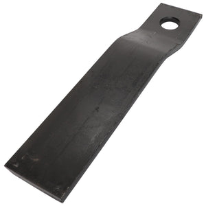 The AGCO Blade - Acp0215500, a rectangular black metal blade with a tapered precision-cutting end and a round hole near the opposite end, is typically used as a replacement part for lawn mowers or similar equipment.