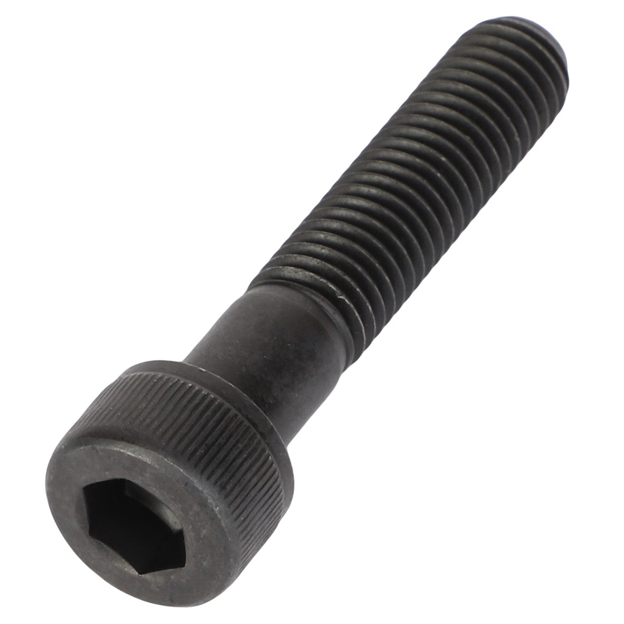 Close-up of the AGCO SCREW - AL5004081, featuring a black hex socket head cap screw with a threaded shaft, cylindrical head, and hexagonal socket detail.