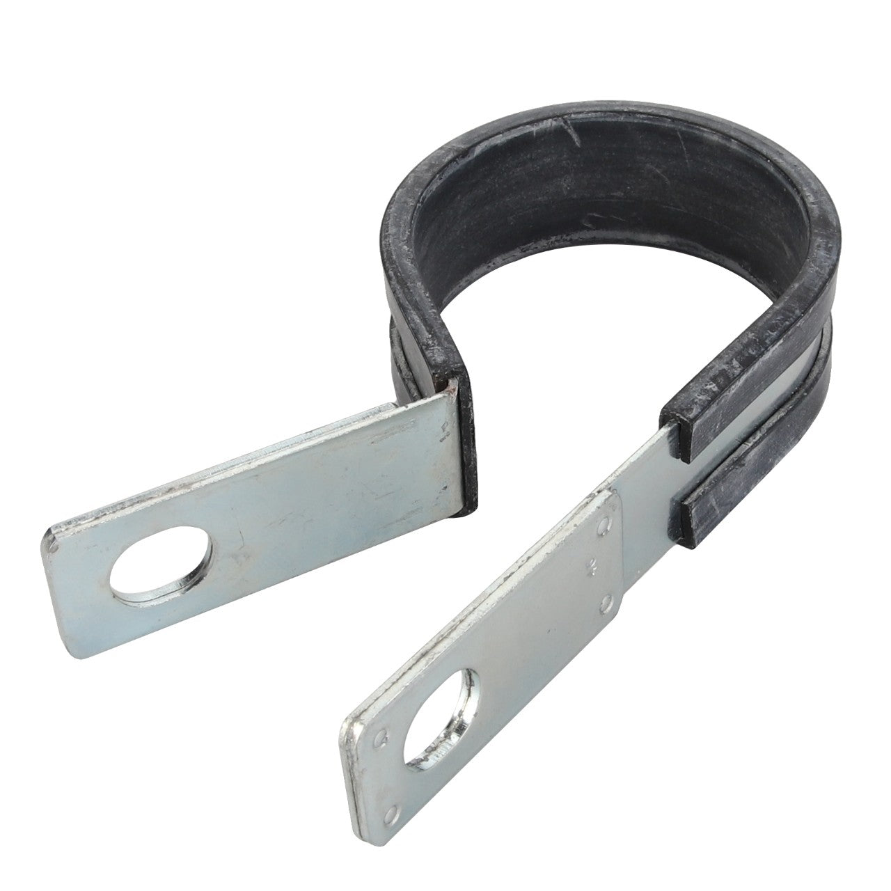 The AGCO Clamp - Acp0397000, a metal clamp with a rubber lining, features two protruding flat metal tabs, each with a circular hole near the end. No current product description available.