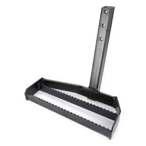 The AGCO Footstep, Left - 4280380M93 is a black metal detachable step with a rectangular platform featuring serrated edges, designed for Massey Ferguson models like the MF 5475 Dyna-4. It includes a vertical bracket with holes for easy mounting.