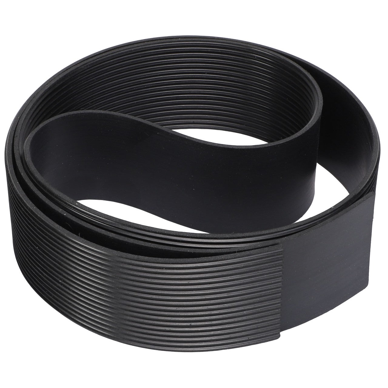 The AGCO | MAT - AG109742, a coiled black ribbed belt with a smooth inner surface, is typically used in various machinery or automotive engines.