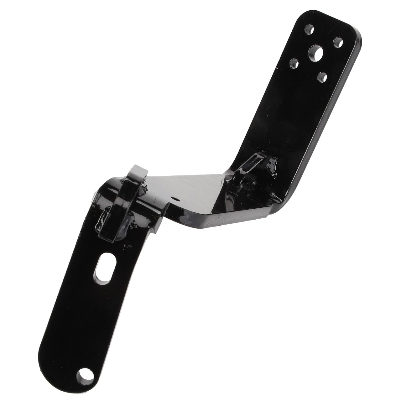 A black metal L-bracket with multiple holes and a pivoting joint is available under the product name "AGCO | Left Hand Bracket - Acx2608980" by AGCO. No current product description information is available.