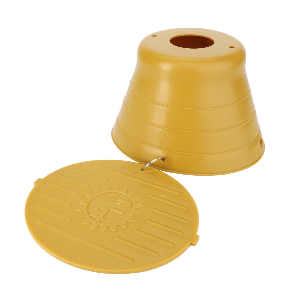 Yellow beehive-shaped plastic object with a separate round lid attached by a metal hinge, similar in durability and design to components found in Massey Ferguson models, is known as the AGCO | Pto Guard - 4384471M91 from the brand AGCO.