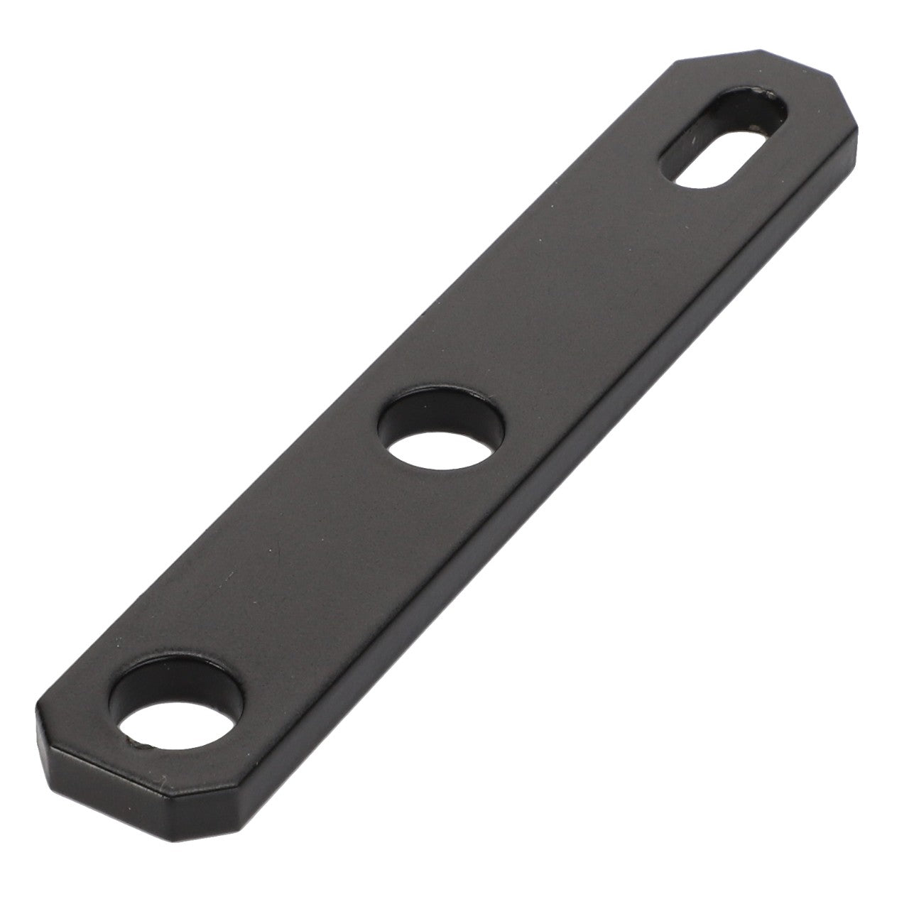 The AGCO | ARM - D28786996 by AGCO is a sturdy black metal bracket featuring two circular holes and one elongated oval slot.