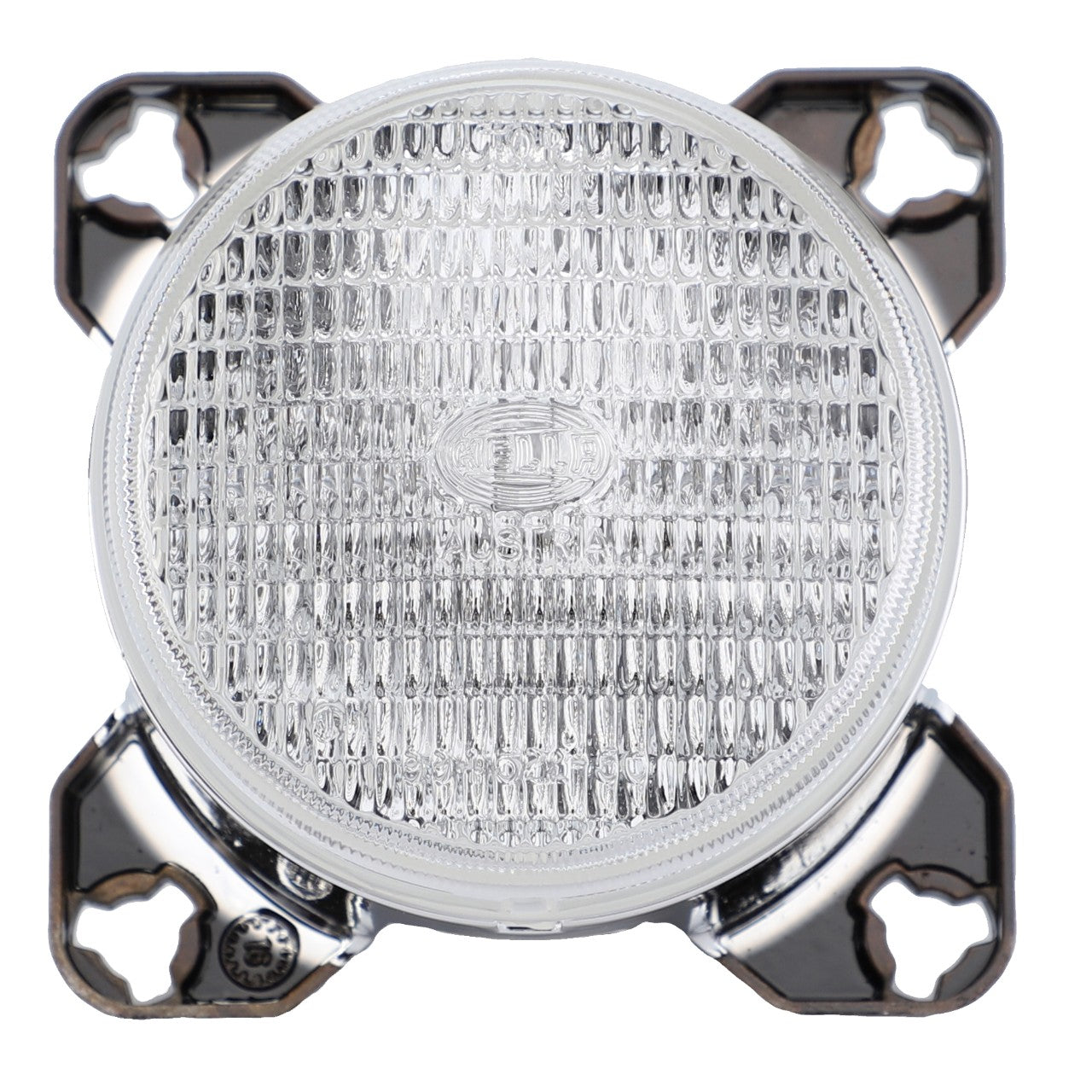 The AGCO | Work Light, Halogen - G931901115010 features a round, transparent LED light lens with a textured surface, mounted on a durable metallic base with four screw holes at the corners for secure installation. This AGCO Genuine Work Lights component ensures durability and reliable performance.