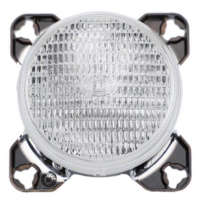 The AGCO | Work Light, Halogen - G931901115010 features a round, transparent LED light lens with a textured surface, mounted on a durable metallic base with four screw holes at the corners for secure installation. This AGCO Genuine Work Lights component ensures durability and reliable performance.