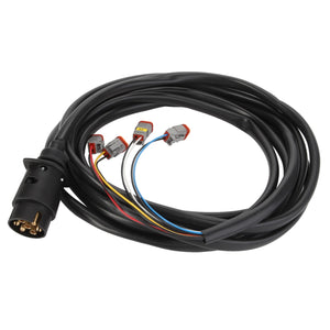 The AGCO Cable - Acp0294660 from AGCO features a coiled black design with a multi-pin connector on one end and multiple colored wires with small connectors on the other end.