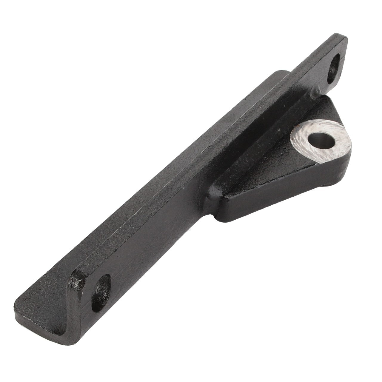 Introducing the AGCO Bracket, Left Hand - La320941350: A black metal bracket from AGCO, designed with holes at both ends and featuring a triangular support in the middle. This simple yet functional component is ideal for your specific needs.