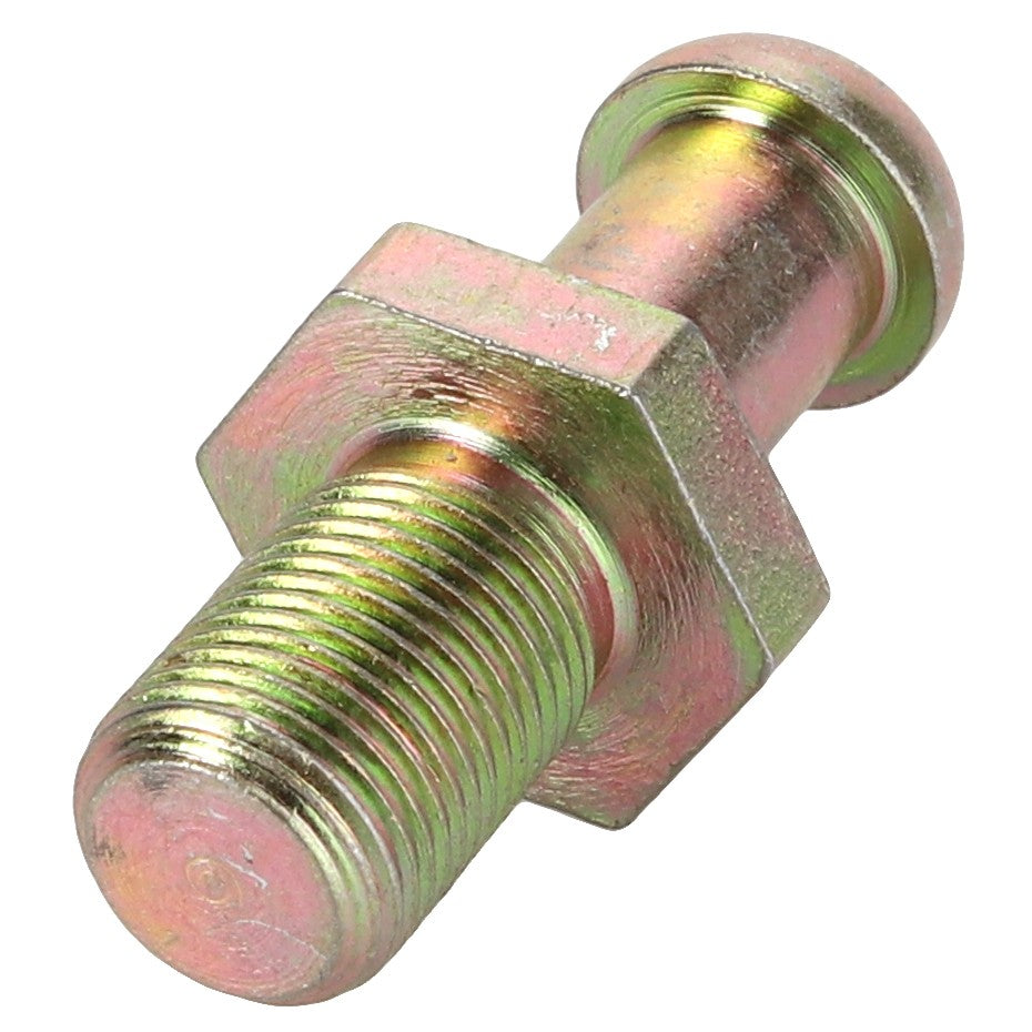 The AGCO | PIN - D28982518 is a hexagonal, metallic bolt featuring a partially threaded shaft that tapers to a rounded end. This bolt has a uniform, shiny surface and appears unused.