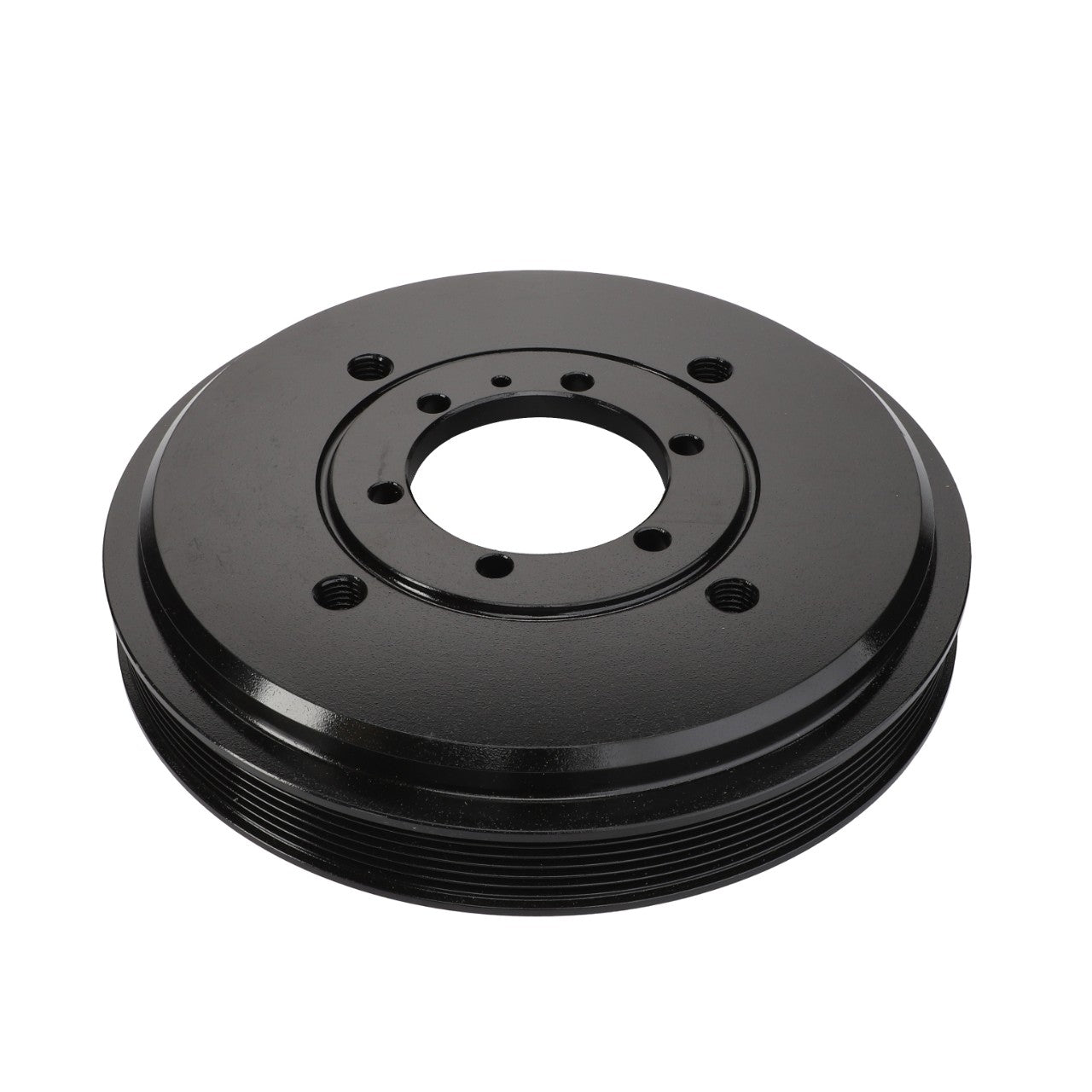 The AGCO Crankshaft Pulley - Acw3407790 is a sleek, black automotive component that features a circular design with multiple bolt holes and precisely grooved edges.