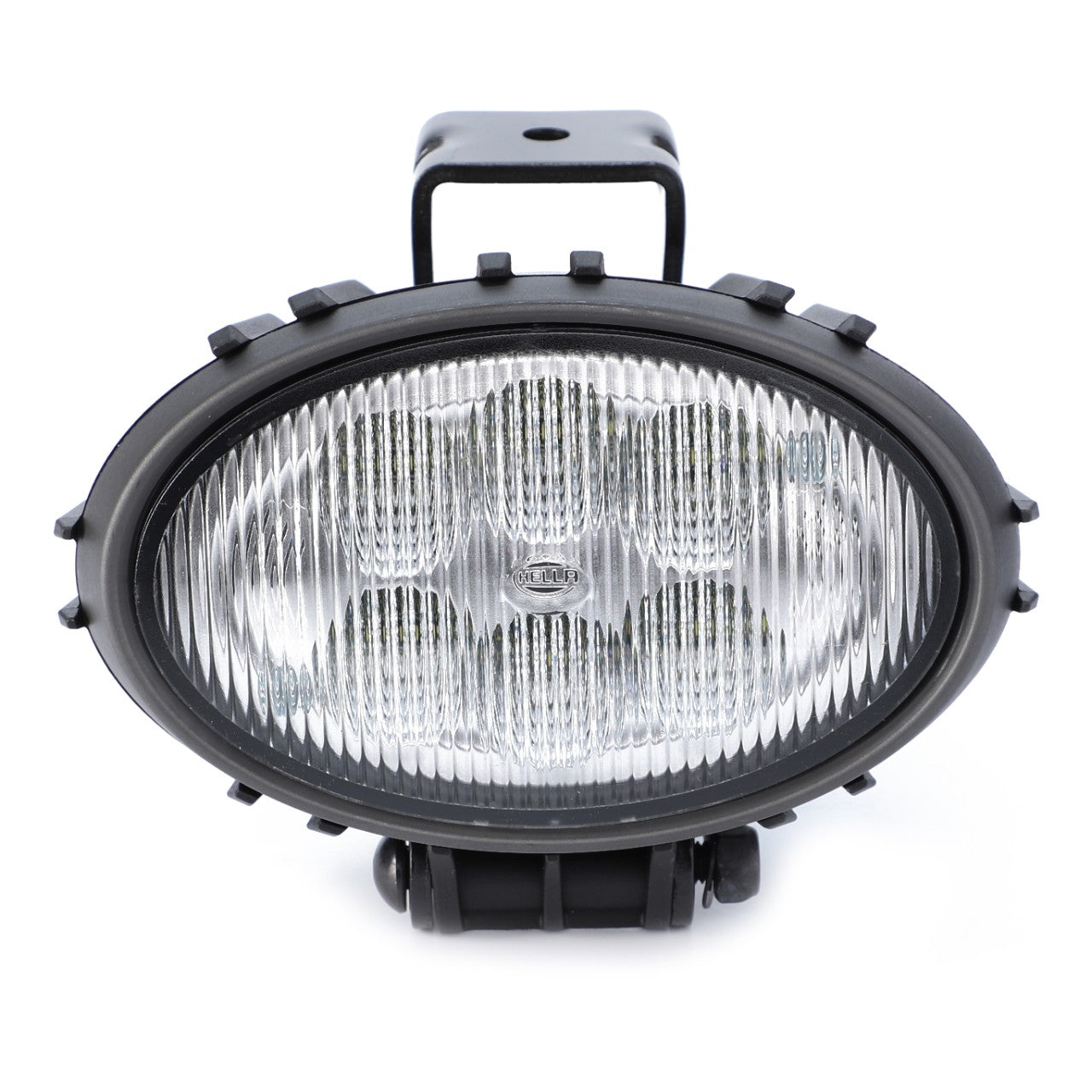 The AGCO Work Light, Led - Acw2237910 from AGCO features an oval shape with a ribbed, transparent lens and a rugged black casing, offering enhanced durability and front-facing capability. This AGCO Genuine LED Work Light ensures reliable performance in all conditions.