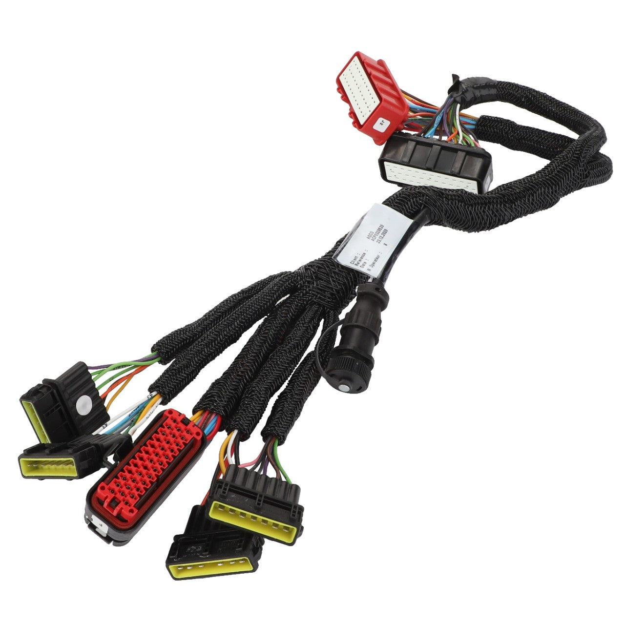 An intricate AGCO - Wiring Harness - ACP0320520 for an AGCO Massey Ferguson Tractor, featuring multiple connectors and wires, encased in protective tubing.