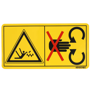 The AGCO | DECAL - D49100180, a yellow warning sign by AGCO, displays symbols that caution against slipping hazards on the left and prohibit hand contact with rotating parts on the right.