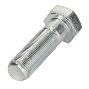 An up-close image of the AGCO | Hex Cap Screw - La15988421, featuring a sleek silver metal bolt with a finely threaded shaft and a perfectly shaped hexagonal head.