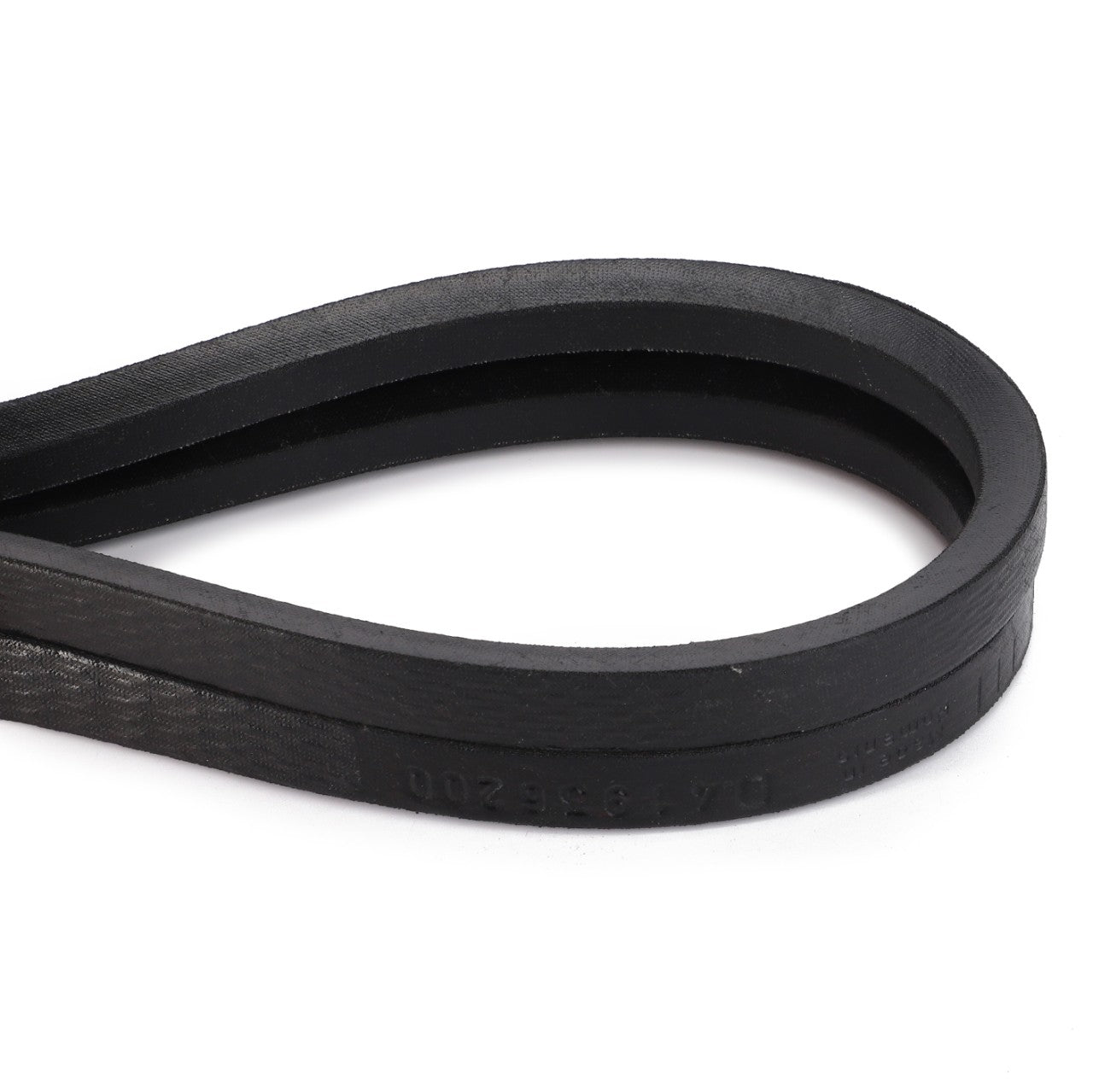 A close-up of the black, V-shaped Drive Belt for the Grain Tank Discharge Auger (D41936200) from AGCO, typically used in machinery or automotive engines, showcasing its optimal performance.