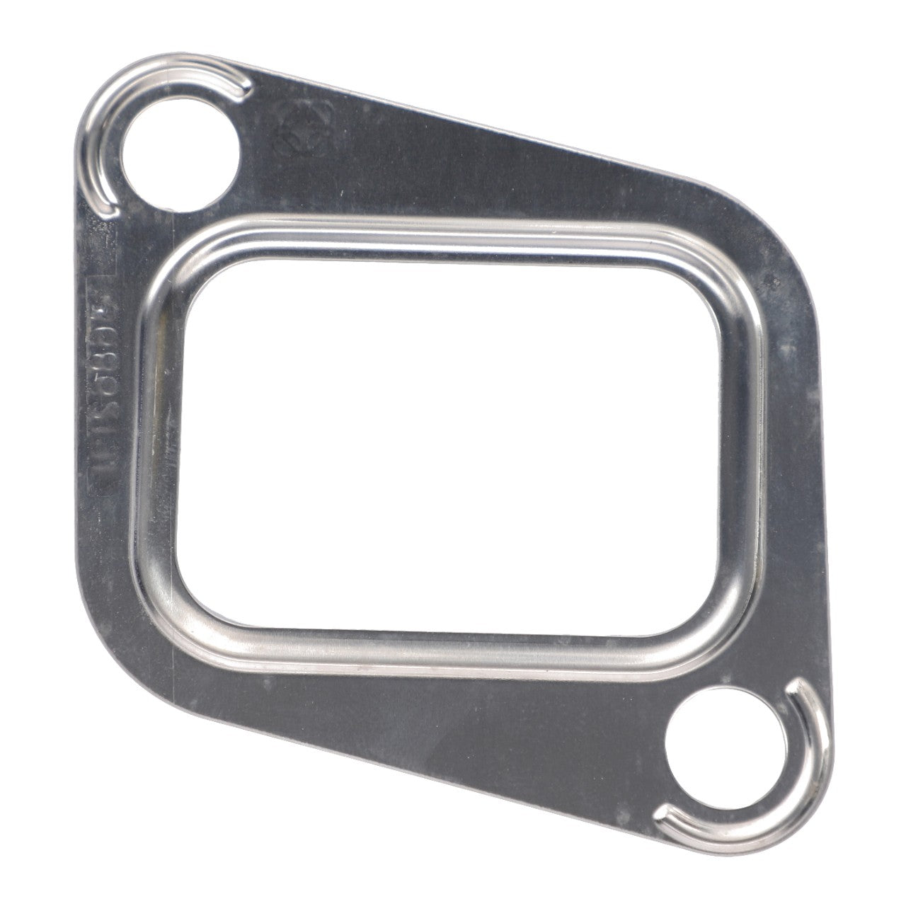 The AGCO Gasket for Exhaust Manifold (744162M1) is a metal gasket featuring a rectangular opening and two circular bolt holes, designed to withstand high exhaust gas temperatures in automotive or industrial applications. This ensures durability and reliability when used with Massey Ferguson models.