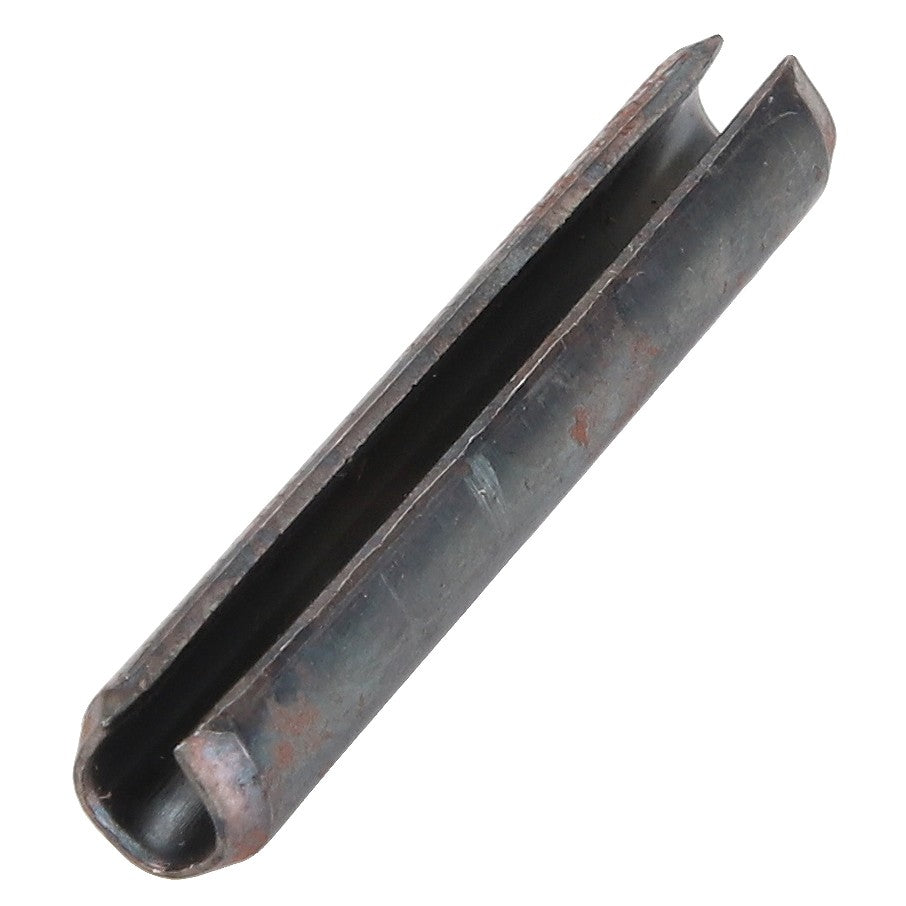 A close-up of the AGCO PIN - D42612200, a meticulously designed dark metal roll pin with a split down its length, ideal for securing parts in precise mechanical assemblies.