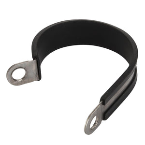 The AGCO Clamp - Acw0680020 is a black, rubber-coated metal clamp featuring two circular mounting holes, one on each end, designed for securing cables or pipes.