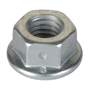 Close-up of the AGCO HEX FLANGE NUT - ACP0412970 with an integrated washer base. Crafted from shiny metallic material, this hexagonal nut features a threaded hole. For further product descriptions or ordering details, please contact our support team.