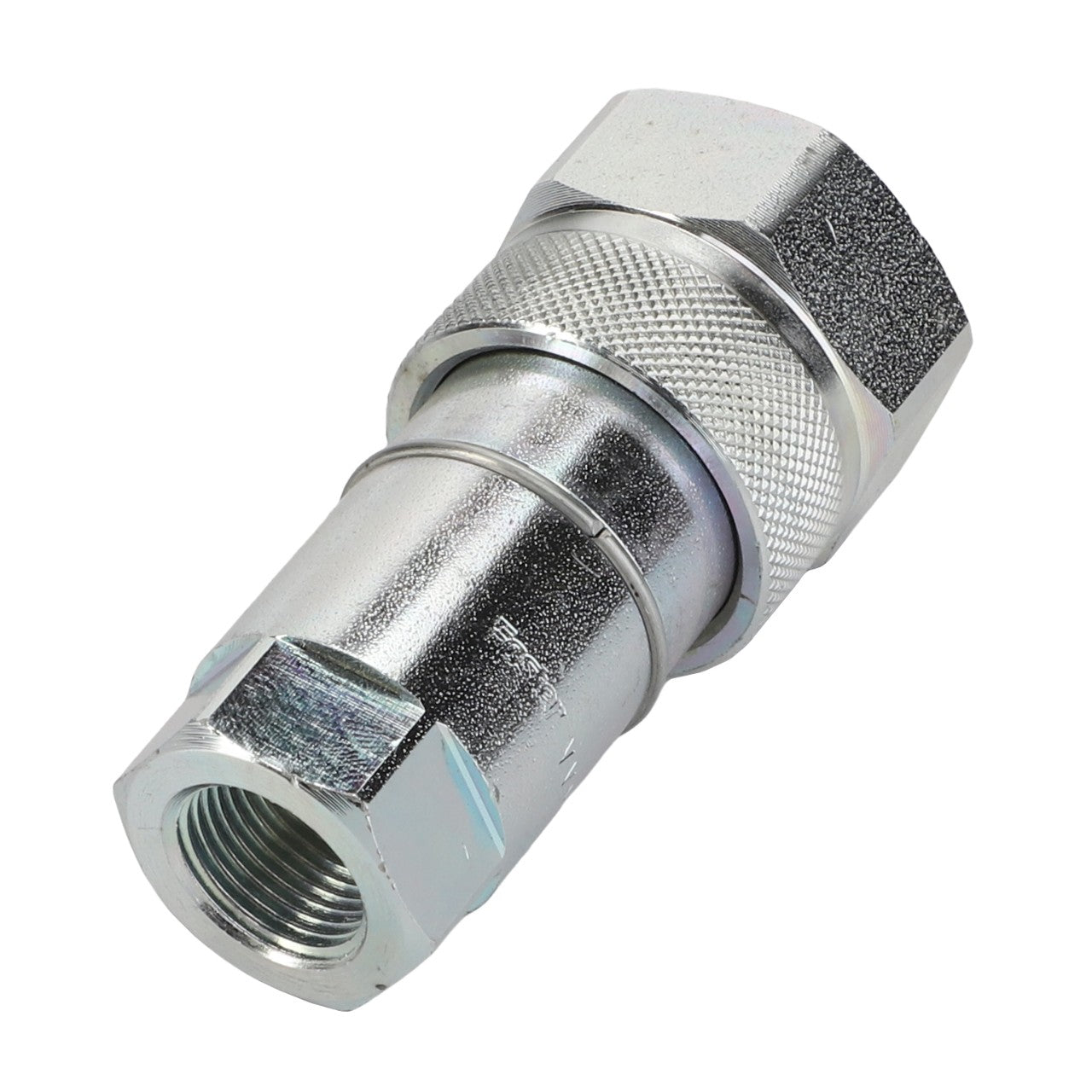 Close-up of the AGCO | Female Coupler - La322043150, a polished metallic hexagonal hydraulic fitting with a threaded end, perfect for connecting tubes or hoses in fluid power systems. The surface boasts a reflective finish, enhancing its durability and functionality.