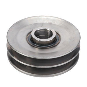 The AGCO Idler Pulley, Beater - D28384052, a metallic pulley with a central hole and two parallel grooves on its outer edge, is designed for maximum uptime in mechanical applications.