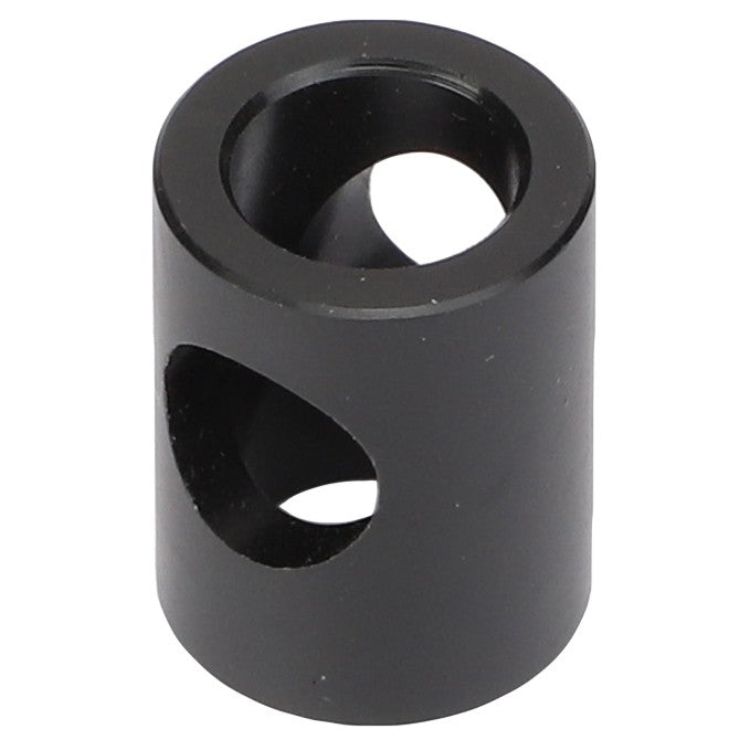 The AGCO | SLEEVE - AG126724 by AGCO is a sleek black cylindrical metal object featuring two circular cutouts and a hole through the center, without specific information available about its intended use.