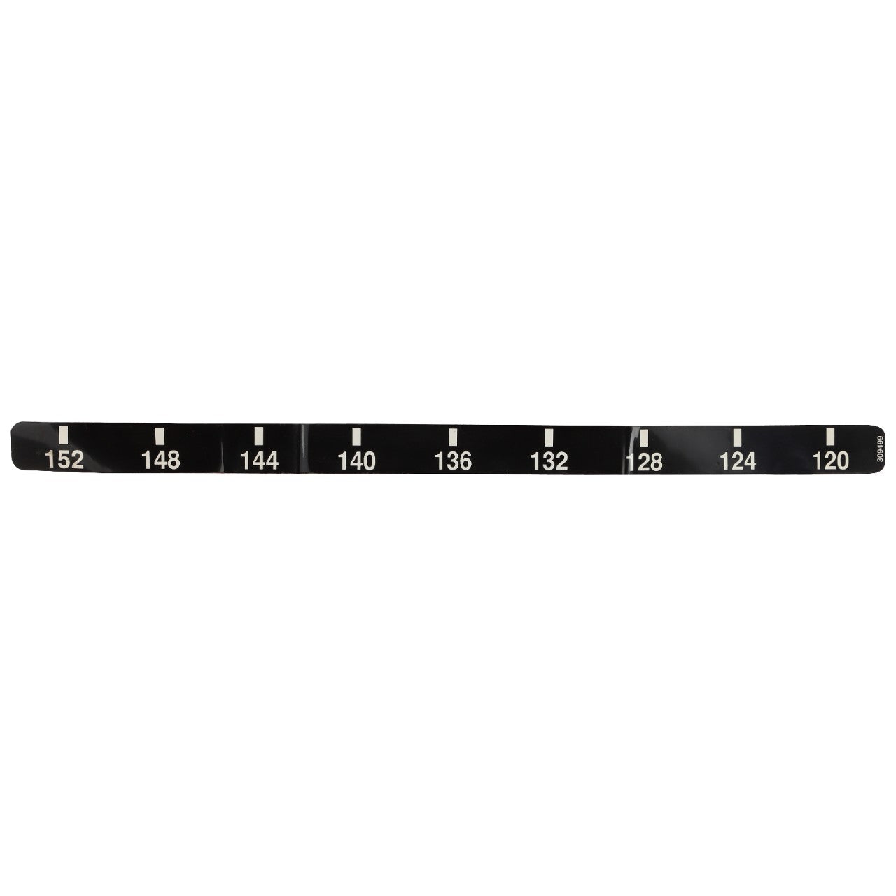 The AGCO | DECAL - AG309499, a sleek black measuring tape from AGCO, displays measurements marked in crisp white increments ranging from 120 to 152.