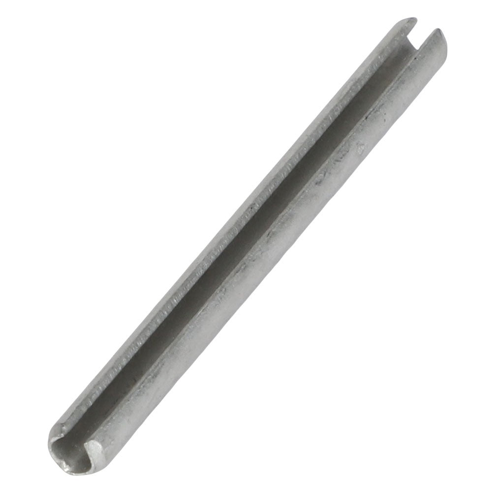 A close-up image of the AGCO Roll Pin - Fel107444, a silver cylindrical spring pin featuring a longitudinal slit. This component is typically utilized in mechanical applications to securely hold parts in place.