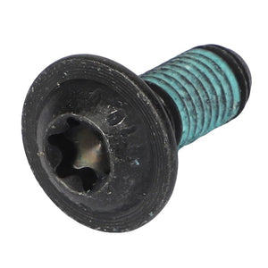 Close-up of the AGCO Torx Head Screw - Acw9572930, featuring a black and teal design with a star-shaped drive head and ridged body.