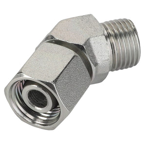 Close-up of the AGCO Union - 4280507M1, a metal swivel fitting with a hexagonal shape on one end and threaded on both ends for hose or pipe connections, ideal for use in Fendt models.