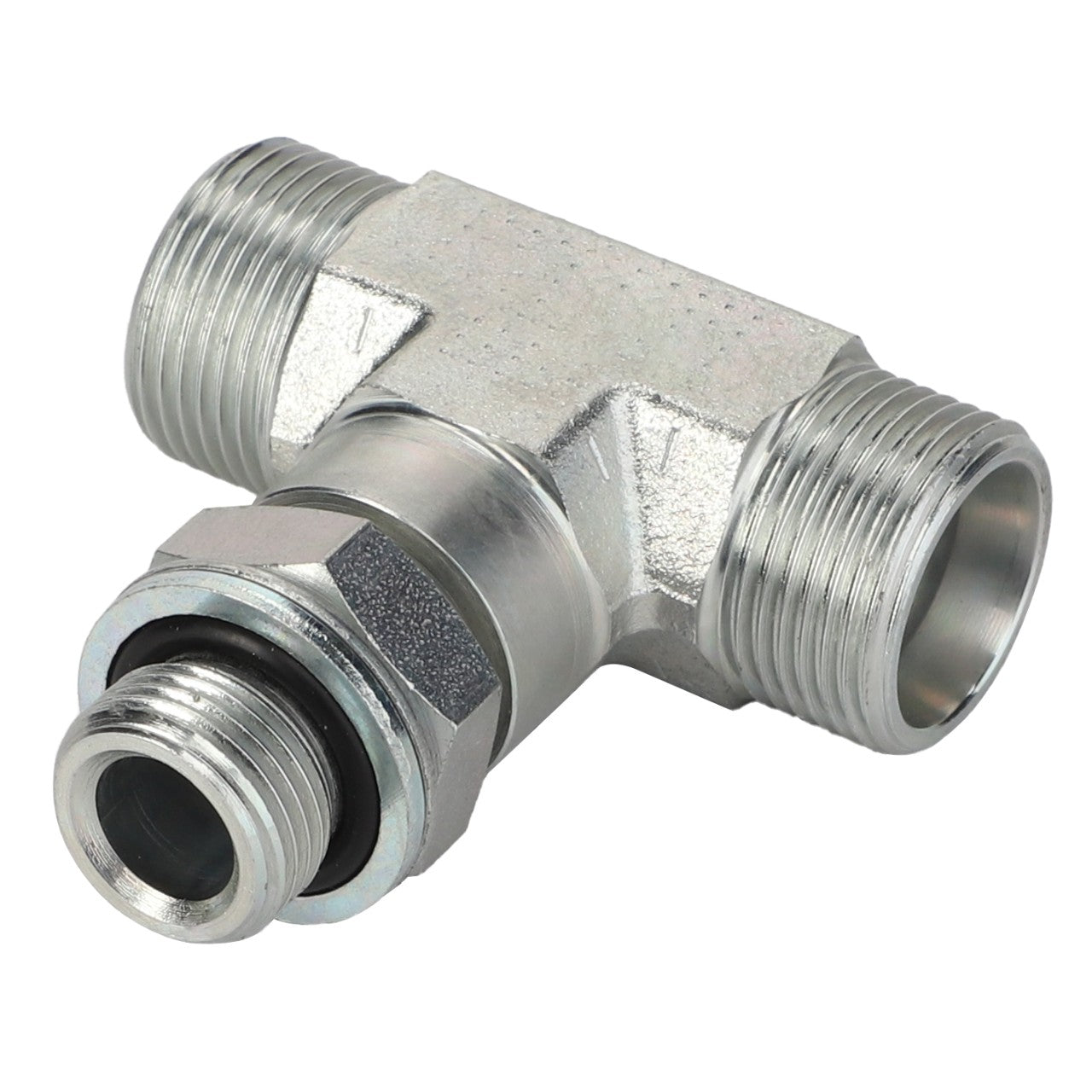 A metal T-shaped pipe fitting, known as AGCO | Tee Fitting - Acp0666880 from the AGCO brand, featuring threaded male connectors on all three ends, is used for joining three pipes in hydraulic or pneumatic systems.