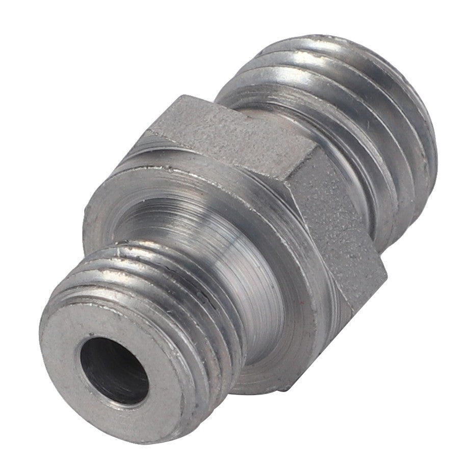 Close-up of the AGCO Nozzle - F119200710150, a metallic threaded fitting with two screw-like ends, ideal for securely connecting hoses or pipes in various applications.