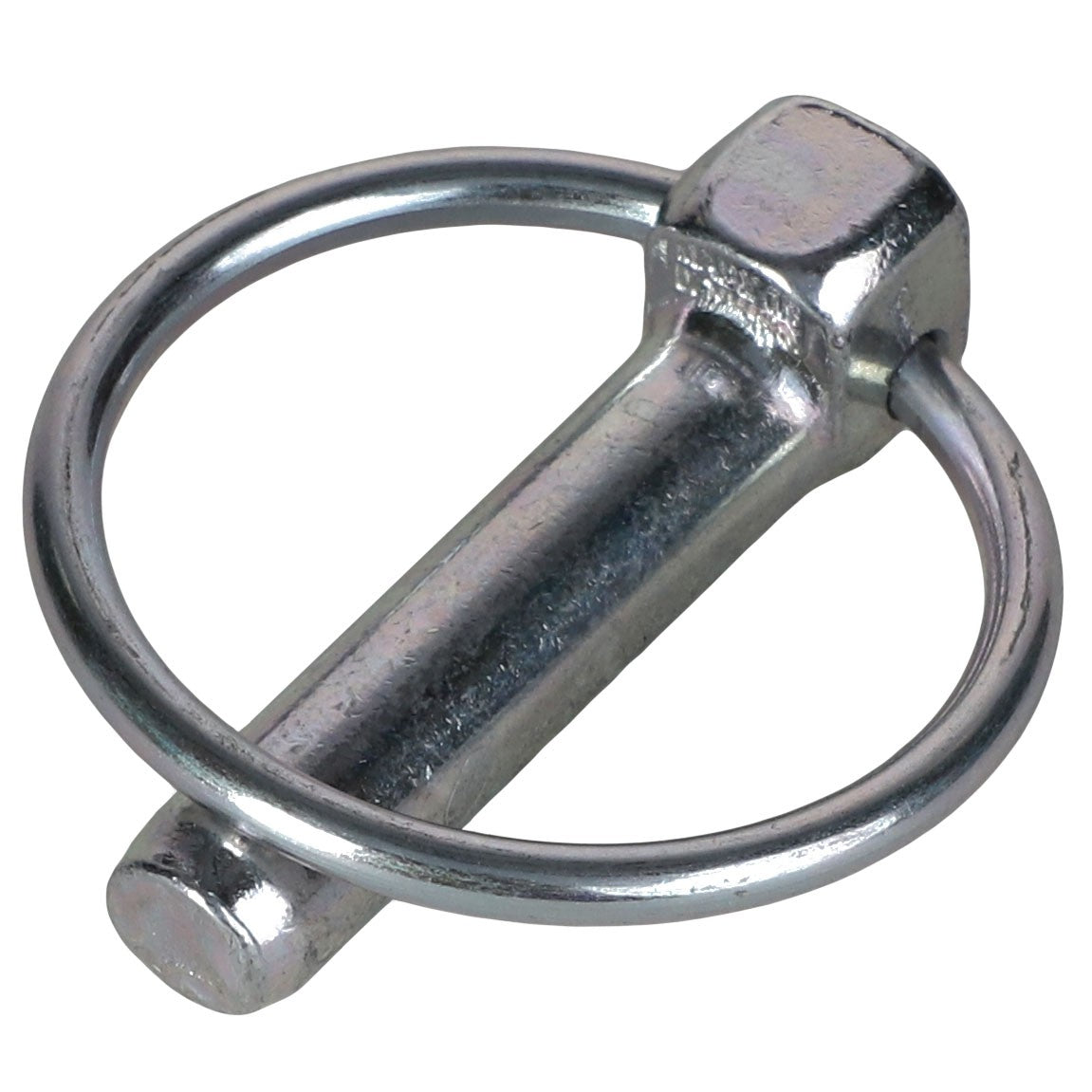 The AGCO LINCH PIN - AL1102001 is a metal pin with a ring handle, designed for securing components in machinery or assembly. This cylindrical pin passes through a circular ring attachment. No current product description information is available.