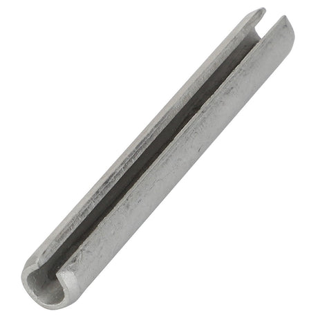 The AGCO Roll Pin - Fel107454 is a metal spring pin featuring a slotted design, cylindrical shape, and slightly chamfered ends, commonly used for fastening components together. No current product description available.