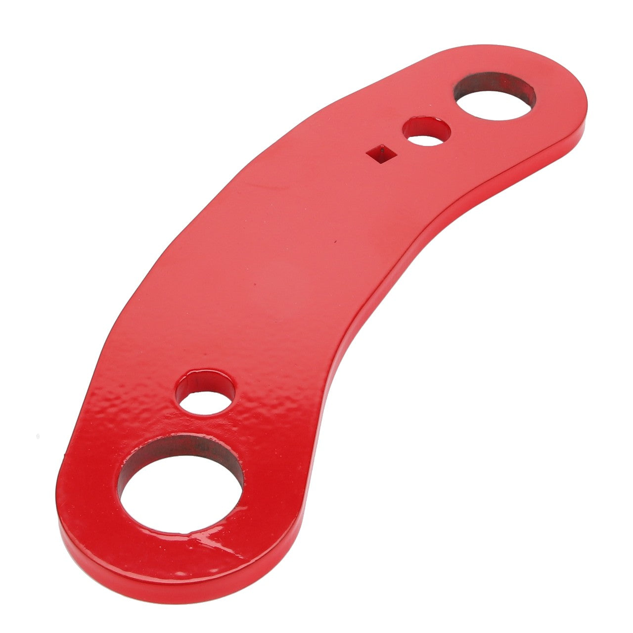 The AGCO Link - Acp0294040 is a red, flat, metal bracket with multiple holes of varying sizes arranged along its curved shape. This product currently does not have a detailed description available.