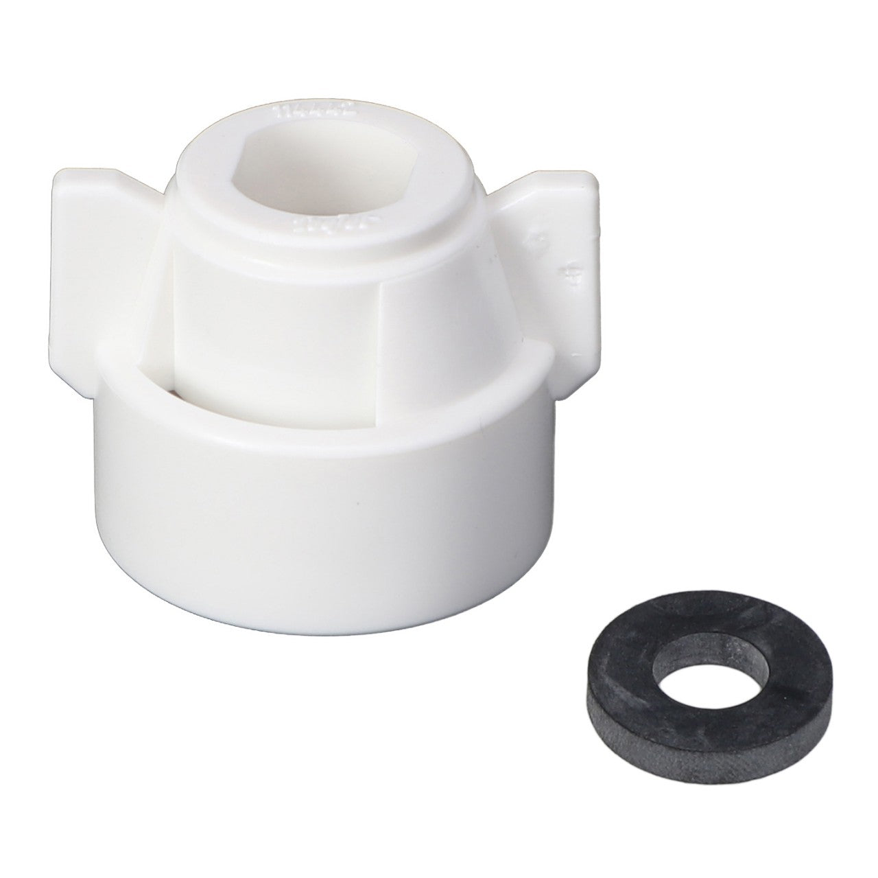 AGCO's Quick TeeJet Cap, White for Oval (ACP0484560) is a white plastic plumbing adapter featuring two flanges and comes with a black rubber washer. For more details or assistance, refer to the product description or contact our support team.