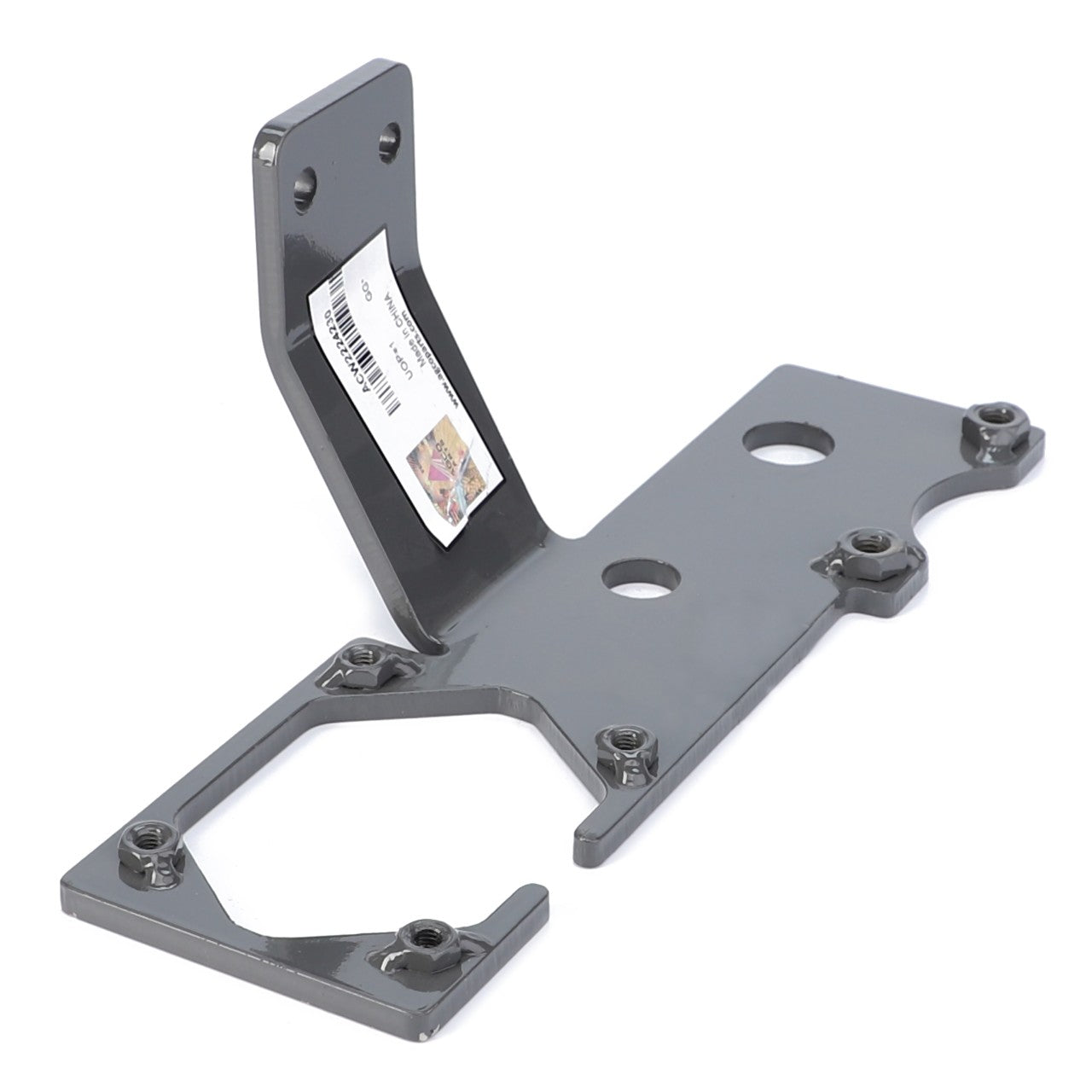 The AGCO Bracket - Acw2224230 is a durable gray metal bracket with a barcode sticker, featuring multiple holes and versatile mounting points for easy installation.