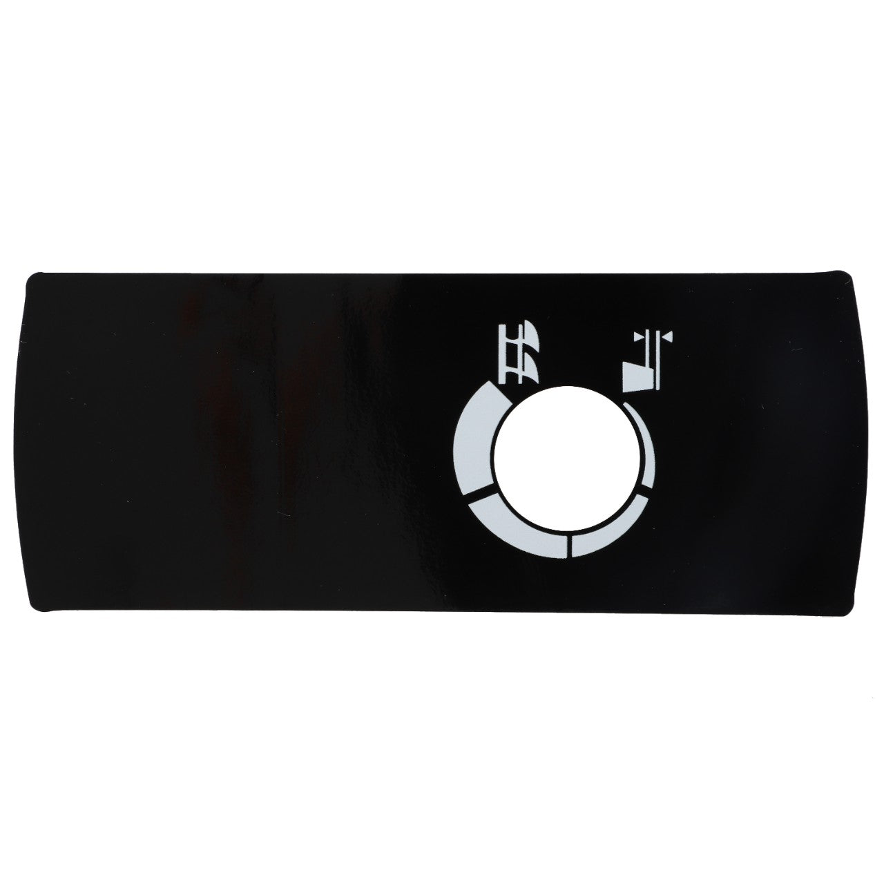 Introducing the AGCO Decal - Acw075642A: A rectangular black panel with a circular white graphic featuring an oil can and thermometer, commonly seen on vehicle dashboards. Made by AGCO, this stylish and practical decal adds a professional touch to your dashboard.