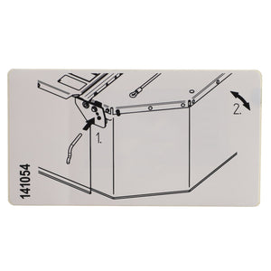 Instructional diagram illustrating the process for attaching or adjusting the AGCO Decal - Fel141054. Step 1 involves aligning the hooks, while Step 2 demonstrates lifting or adjusting the decal upwards. No current product description available. The number "141054" is present.