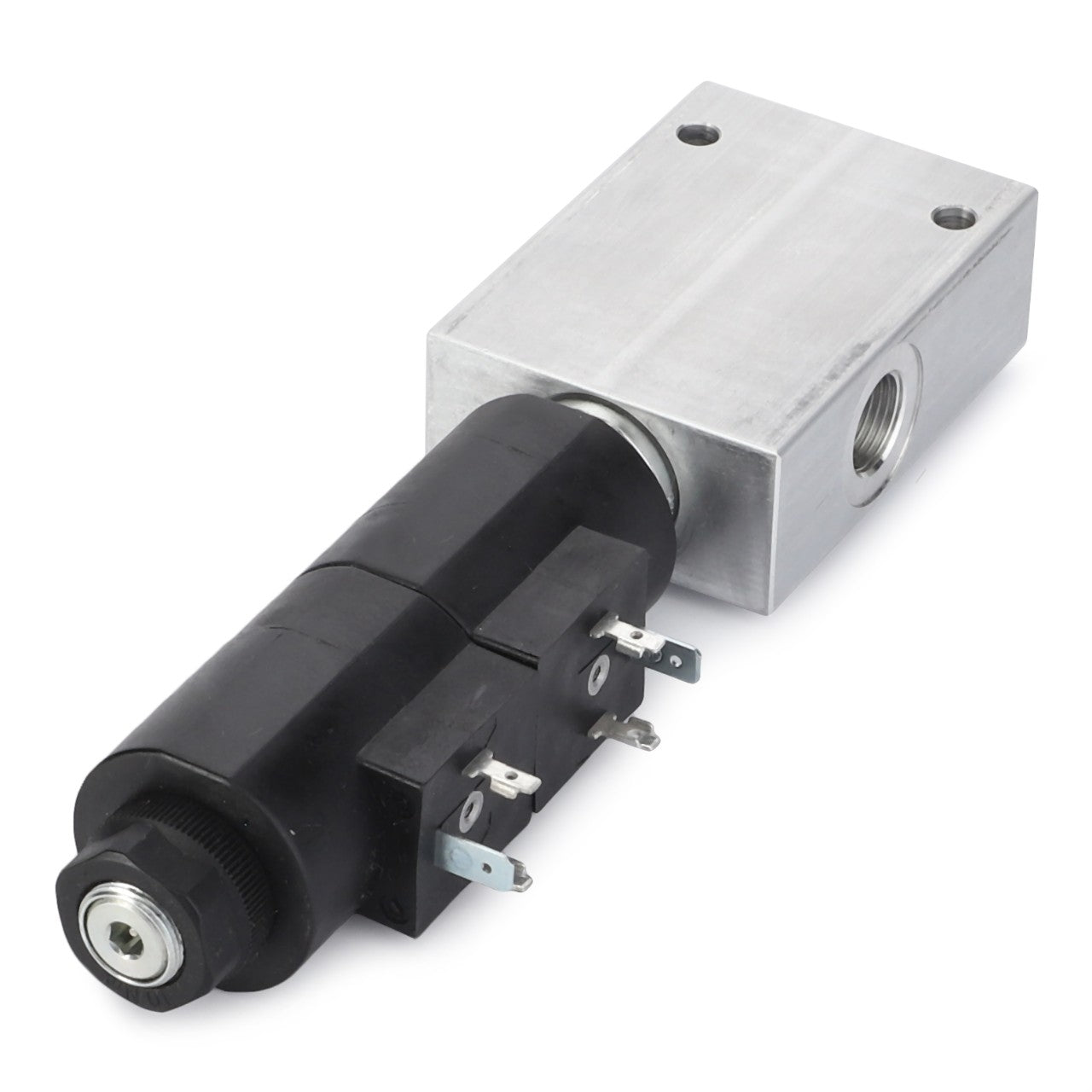 The AGCO Pressure Relief Valve - D45110095 features a rectangular solenoid valve with an aluminum body and a black actuating coil, along with electrical terminals and threaded ports, making it ideal for hydraulic circuit applications.