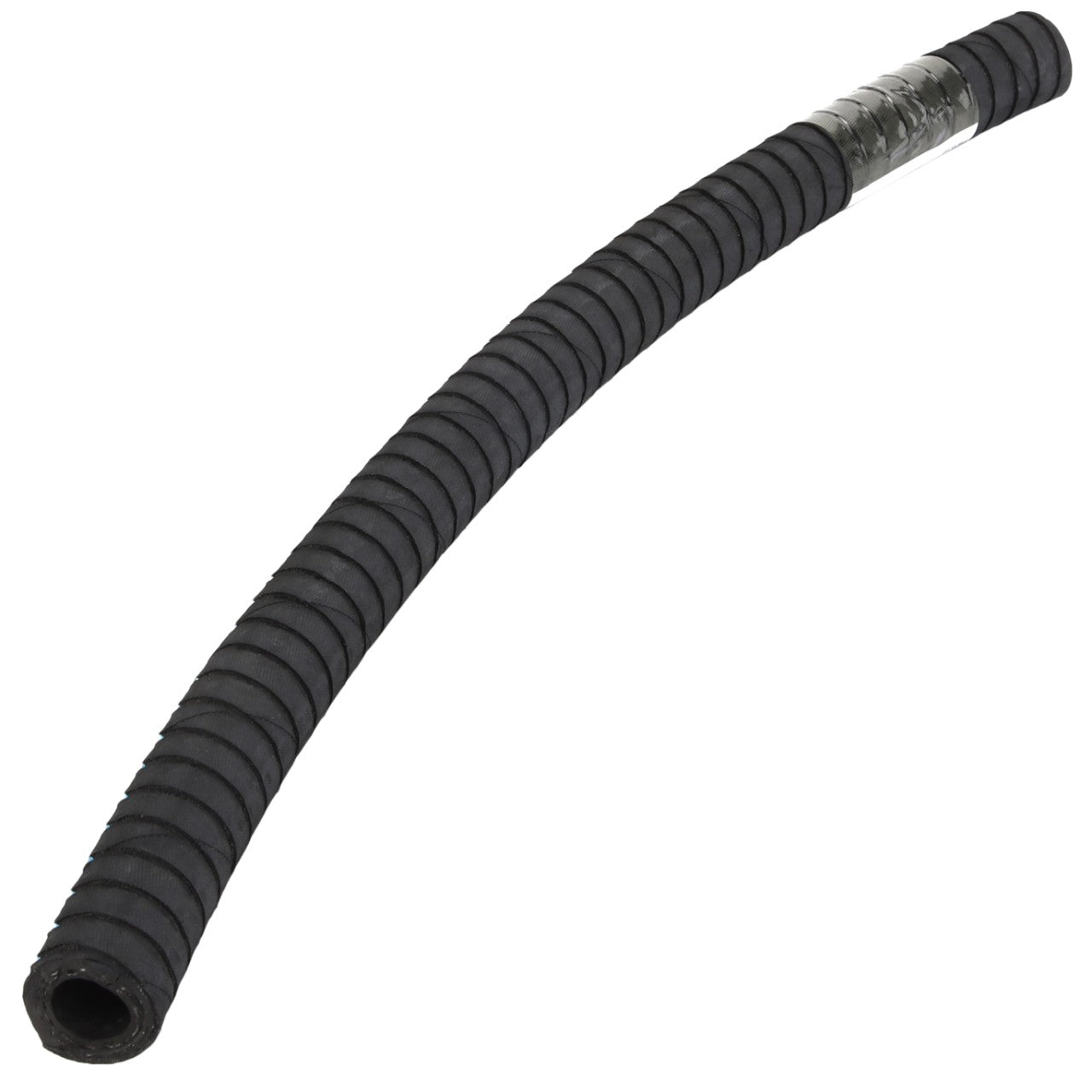 A black, flexible ribbed hose by AGCO with a segment covered in metallic material, shown on a white background. Product Name: Heater Hose - Acw1922640. No current product description information is available.