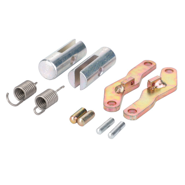 The AGCO Locking Bolt, Automatic Clevis, Trailer Hitch (F416500070030) hardware kit comprises two springs, two cylindrical pieces, two flat pieces with protrusions, and four small pins—ideal for hitch linkage components.