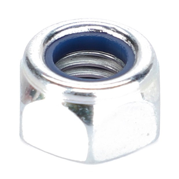 Product Description: A close-up view of the AGCO | Hex Nut - Fel108531, featuring a hexagonal metal design with an internal thread and a blue nylon insert.