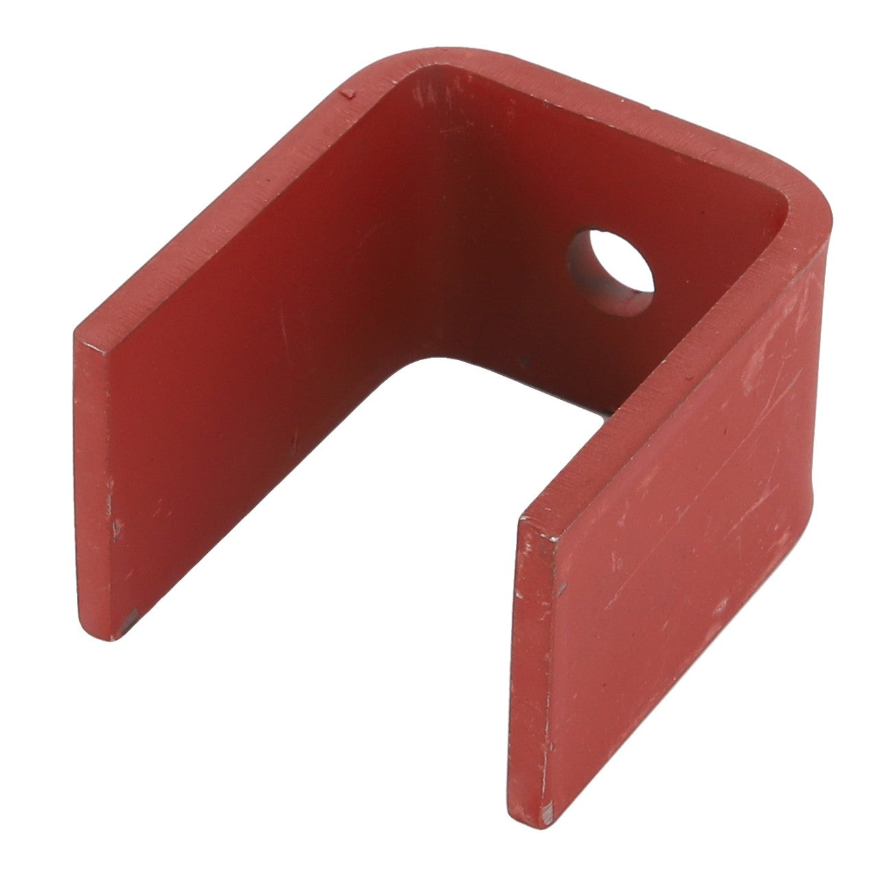 Image: No current product description information is available for the AGCO CLAMP - D28384049, a red, U-shaped metal bracket with a hole through one of its vertical sides.