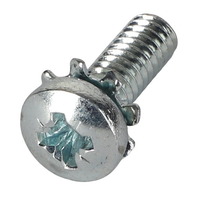 A close-up image of the AGCO | SCREW - AL519049, a silver metal screw with a partially damaged Phillips head and a toothed washer beneath it. The AGCO screw, with its threaded shaft, captures a blend of intricate mechanical design and everyday wear.