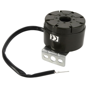 The AGCO BUZZER - D44900865 is a cylindrical black electrical component featuring a metal mounting bracket and a wire extending from the side, prominently displaying its CE certification mark.