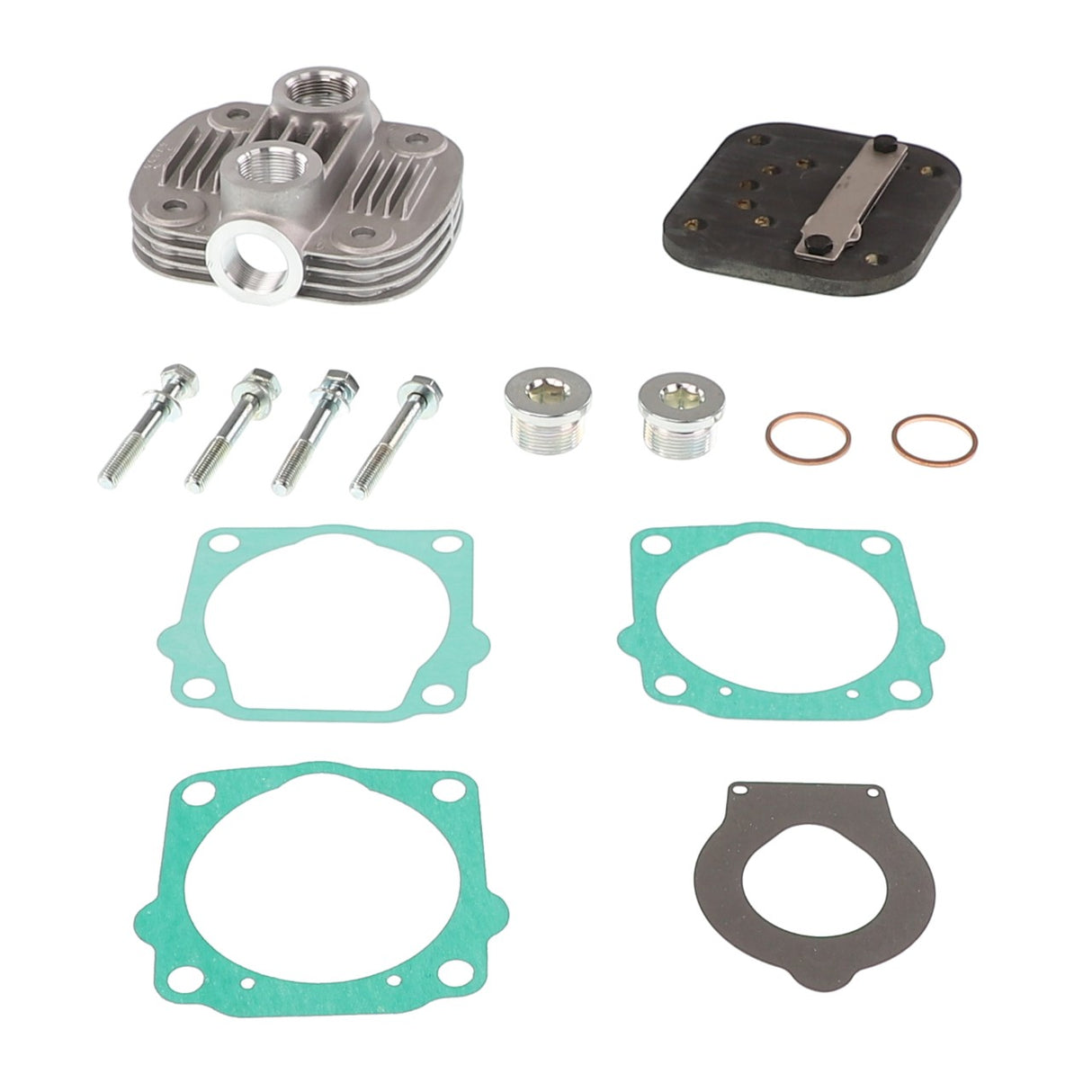 AGCO's Kit, Cyl. Head - Acp0438270, which includes a metal engine head, rubber gaskets, screws, metal plugs, and O-rings, is all arranged neatly on a white background.