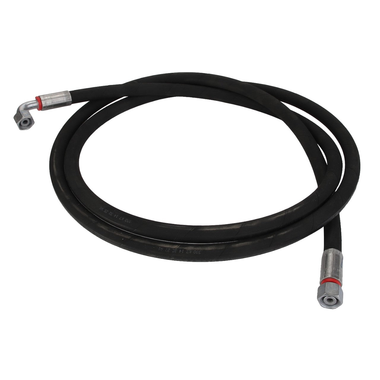 Product Name: AGCO | WARNING DECAL - ACP0538580
Brand Name: AGCO

A coiled black hydraulic hose with metal fittings at both ends, featuring 90-degree angled connectors. Currently, there is no available product description information.