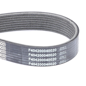 The AGCO Serpentine Belt, Pk8 Profile - F404200040020, is a black ribbed automotive belt with white printed numbers and "Made in Germany" text on the side, designed for optimal performance. It is ideal for use in Fendt models as an AGCO Genuine Serpentine Belt.