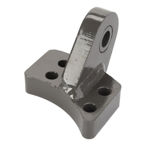 The AGCO Lever - D49068500 is a gray metal hinge bracket with four holes and a raised section featuring a circular hole at the top.